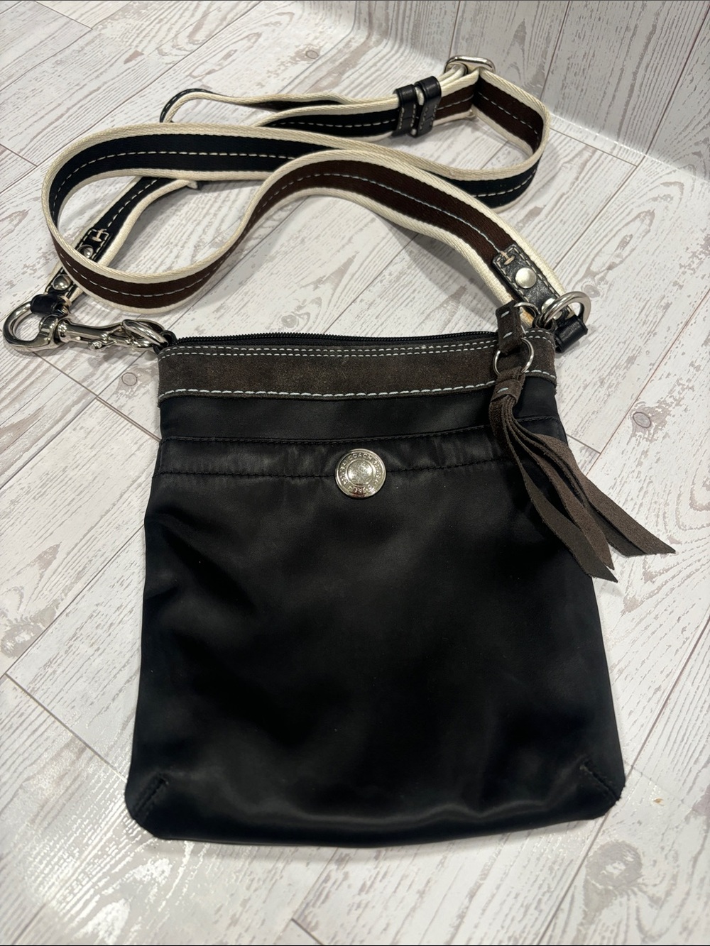 Coach Black Swingpack Crossbody withBrown Trim and Striped Adjustable Strap